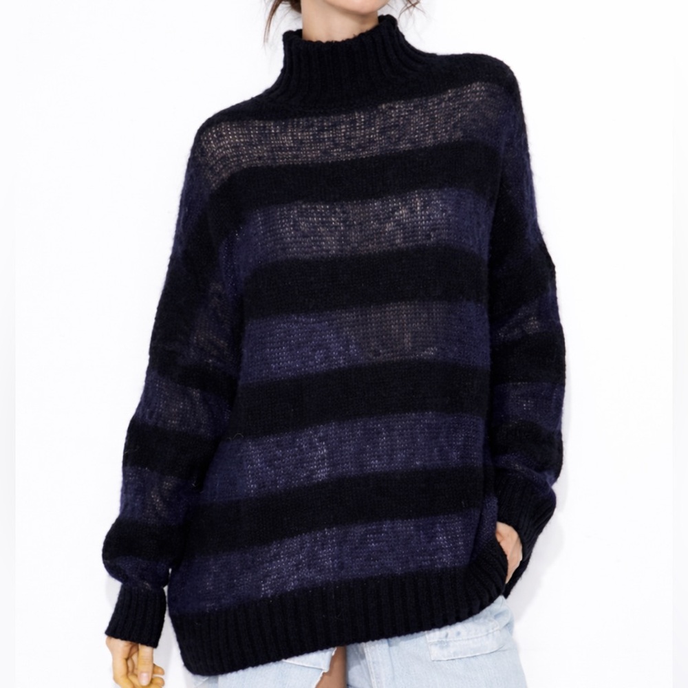Zara Black and Navy Striped Turtleneck Sweater- Apalca Wool , Runs Very Big